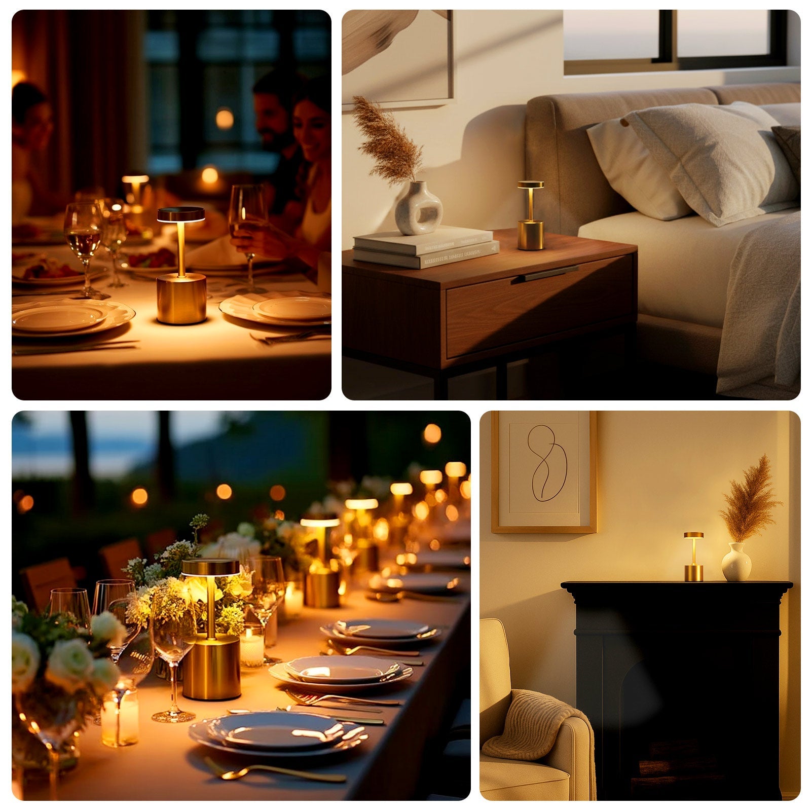 Gold Metal LED Table Lamp – 8" Cordless USB Rechargeable, Dimmable Touch-Control Night Light, Modern Minimalist Design