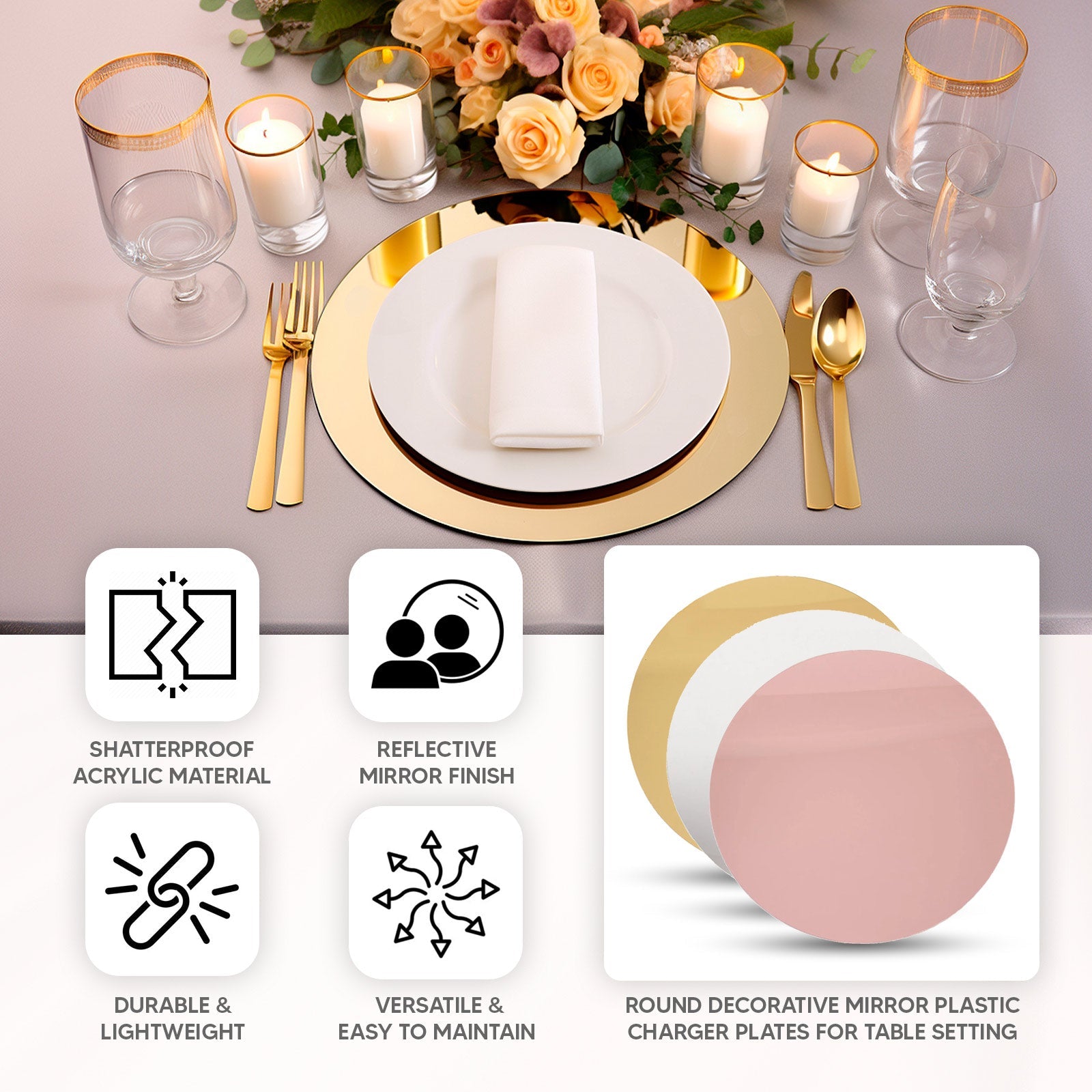 10-Pack Dining Plate Chargers Decorative Acrylic Mirror Rose Gold Round - Lightweight Event Display 13"