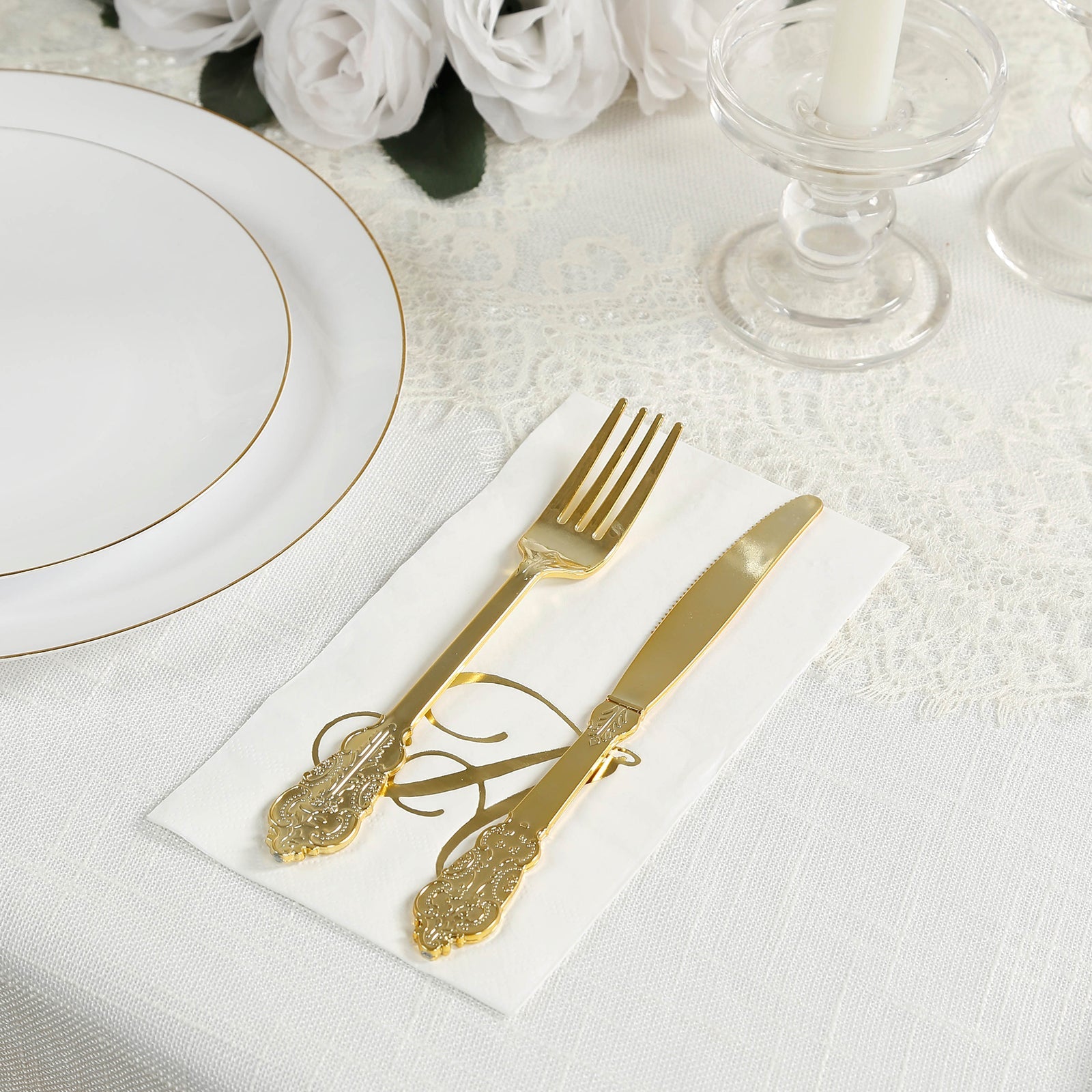 100 Paper Dinner Napkins White with Gold Foil Monogram "A" – 8"x4" Folded, Disposable Party Napkins