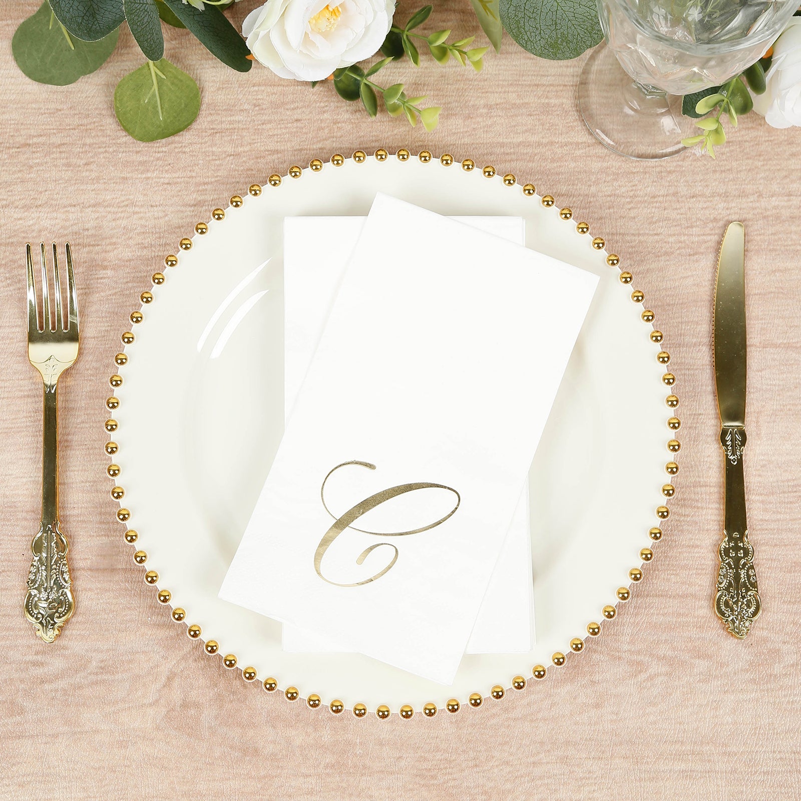 100 Paper Dinner Napkins White with Gold Foil Monogram "C" – 8"x4" Folded, Disposable Party Napkins