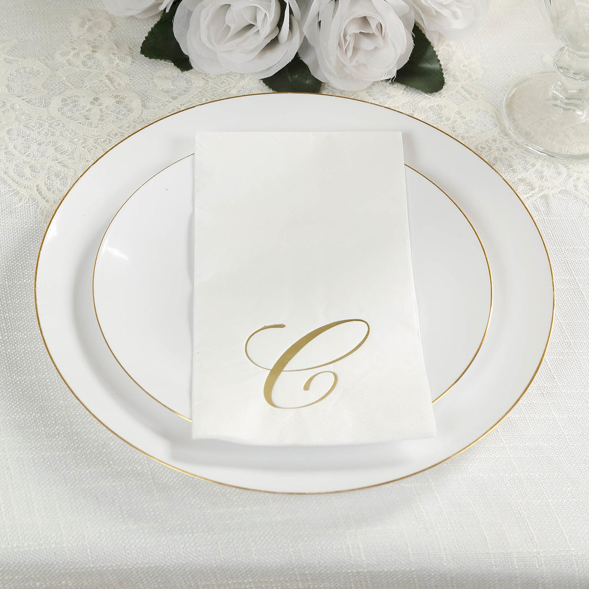 100 Paper Dinner Napkins White with Gold Foil Monogram "C" – 8"x4" Folded, Disposable Party Napkins