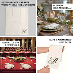 100 Paper Dinner Napkins White with Gold Foil Monogram "B" – 8"x4" Folded, Disposable Party Napkins