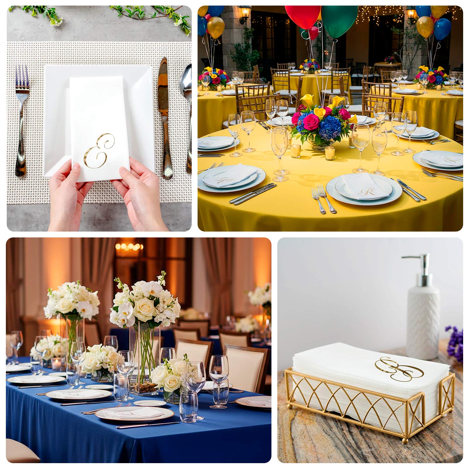 100 Paper Dinner Napkins White with Gold Foil Monogram "H" – 8"x4" Folded, Disposable Party Napkins