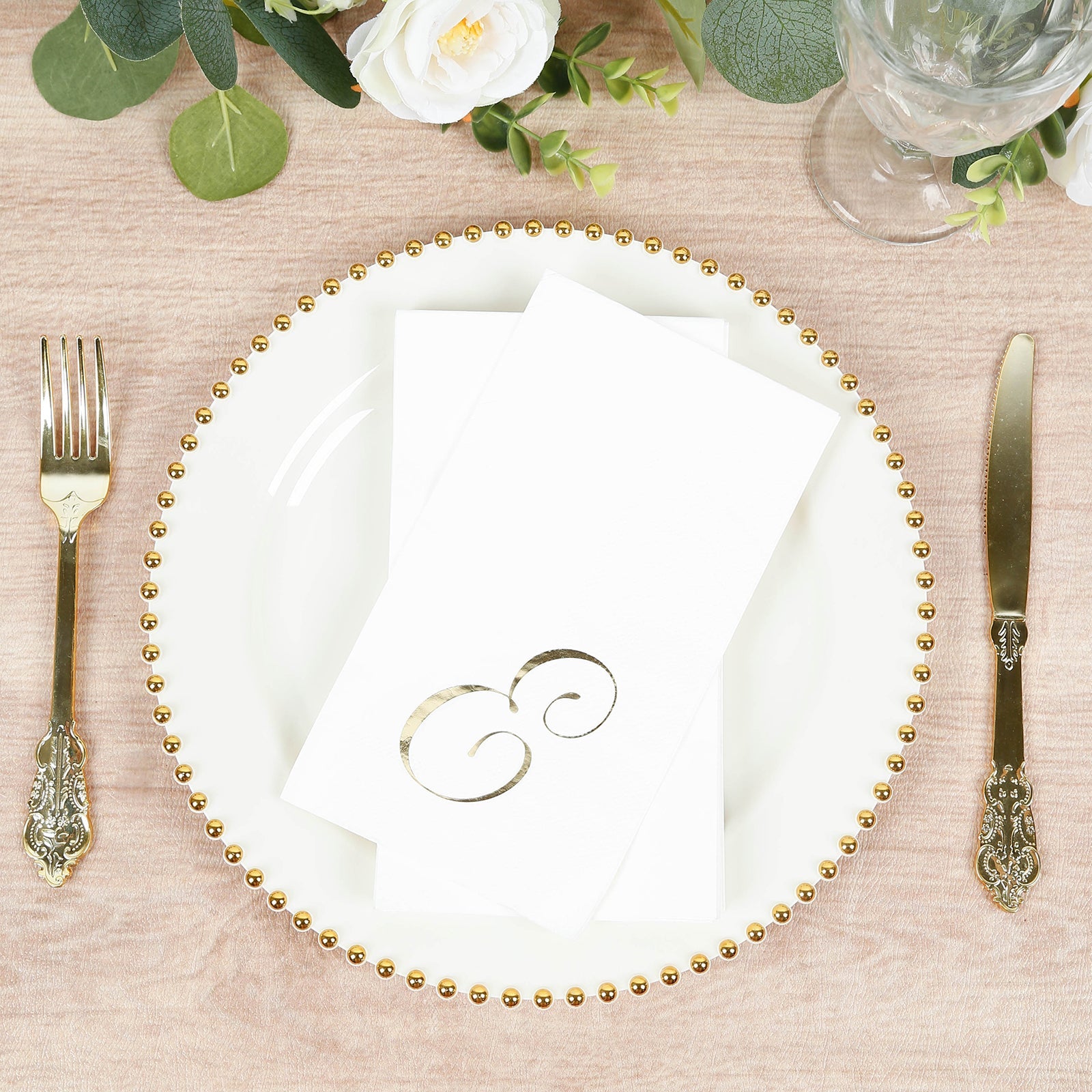 100 Paper Dinner Napkins White with Gold Foil Monogram "E" – 8"x4" Folded, Disposable Party Napkins
