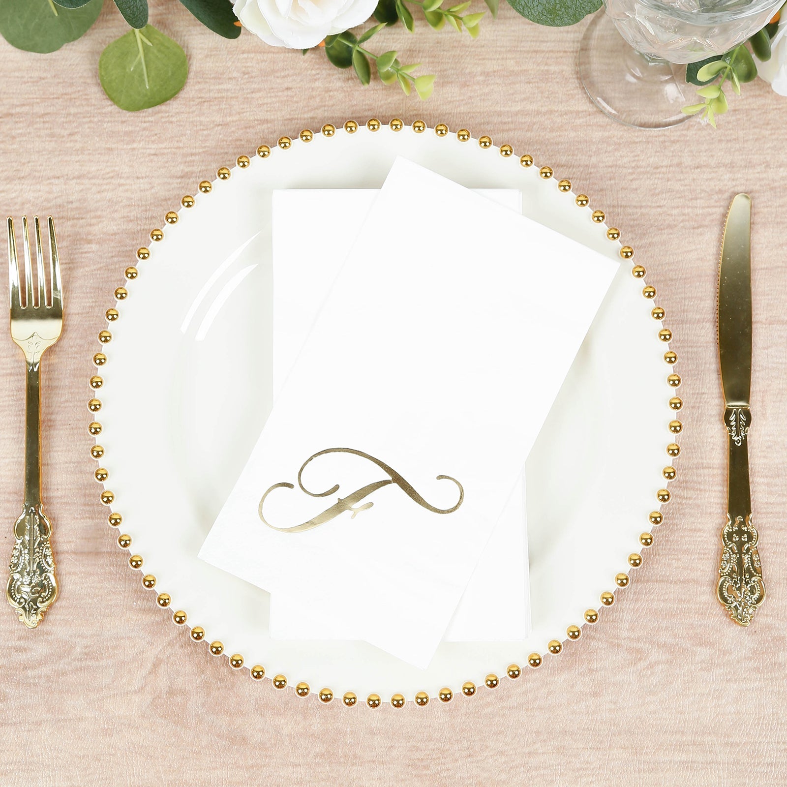 100 Paper Dinner Napkins White with Gold Foil Monogram "F" – 8"x4" Folded, Disposable Party Napkins