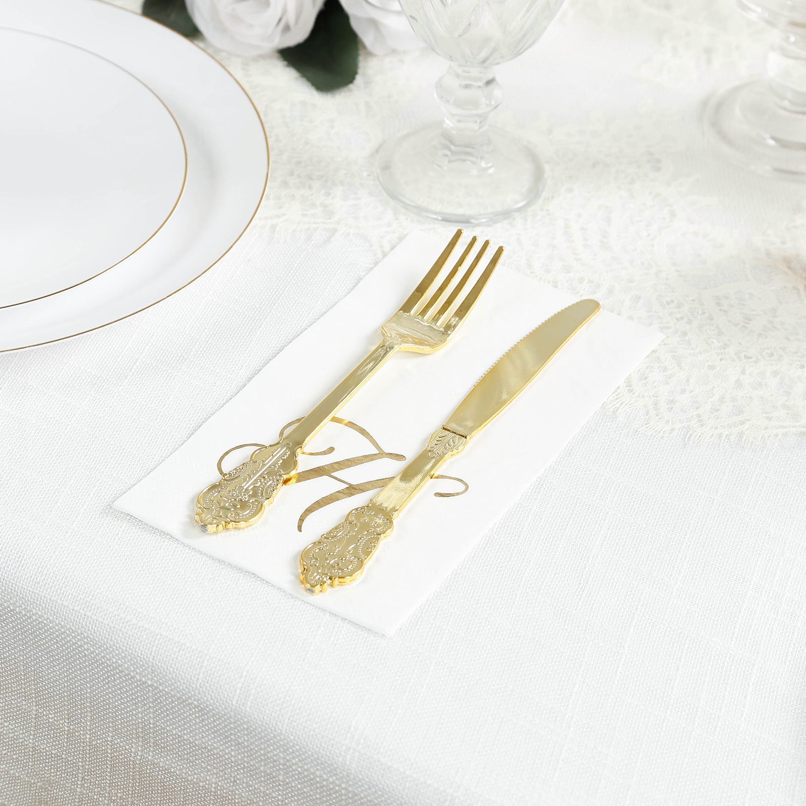 100 Paper Dinner Napkins White with Gold Foil Monogram "H" – 8"x4" Folded, Disposable Party Napkins