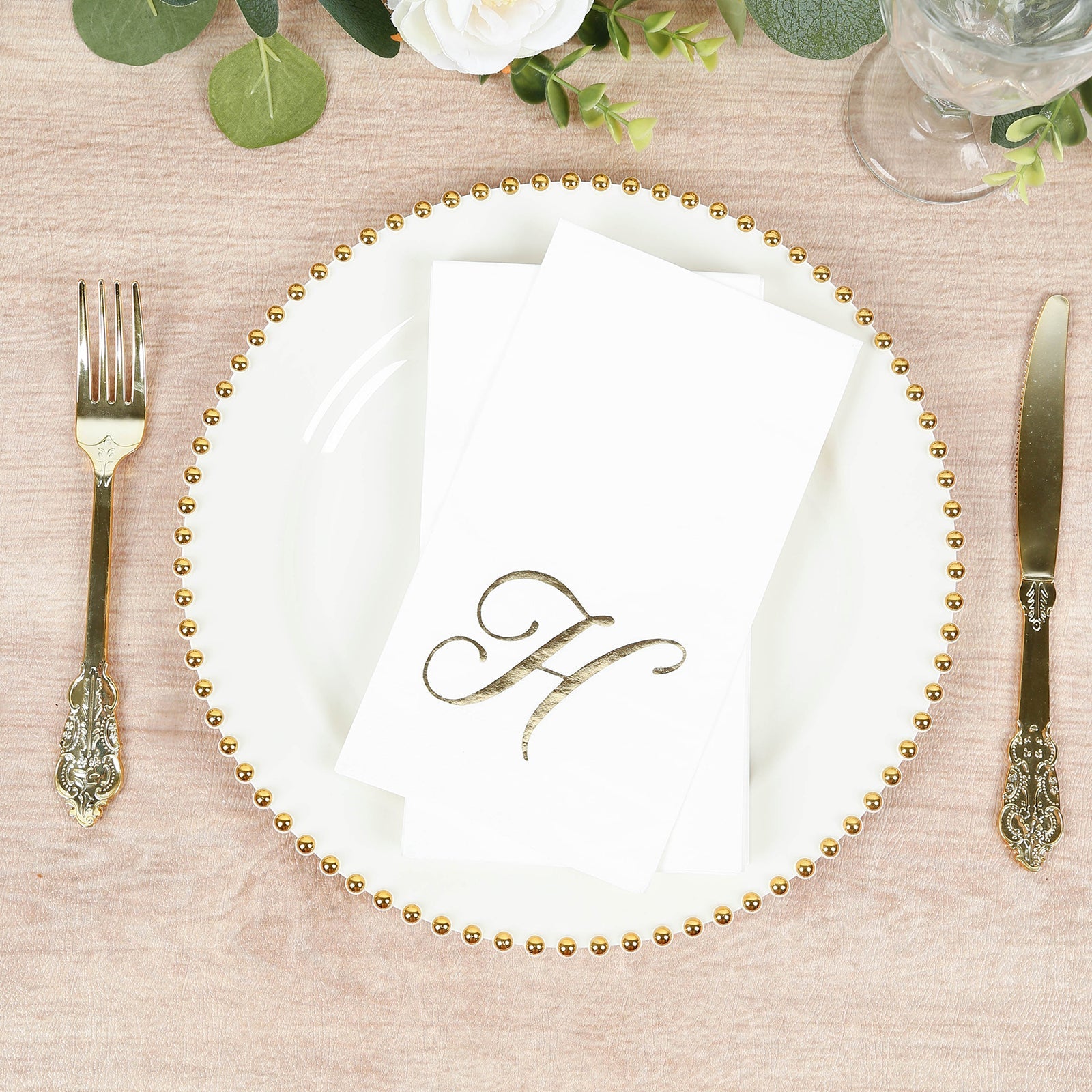 100 Paper Dinner Napkins White with Gold Foil Monogram "H" – 8"x4" Folded, Disposable Party Napkins
