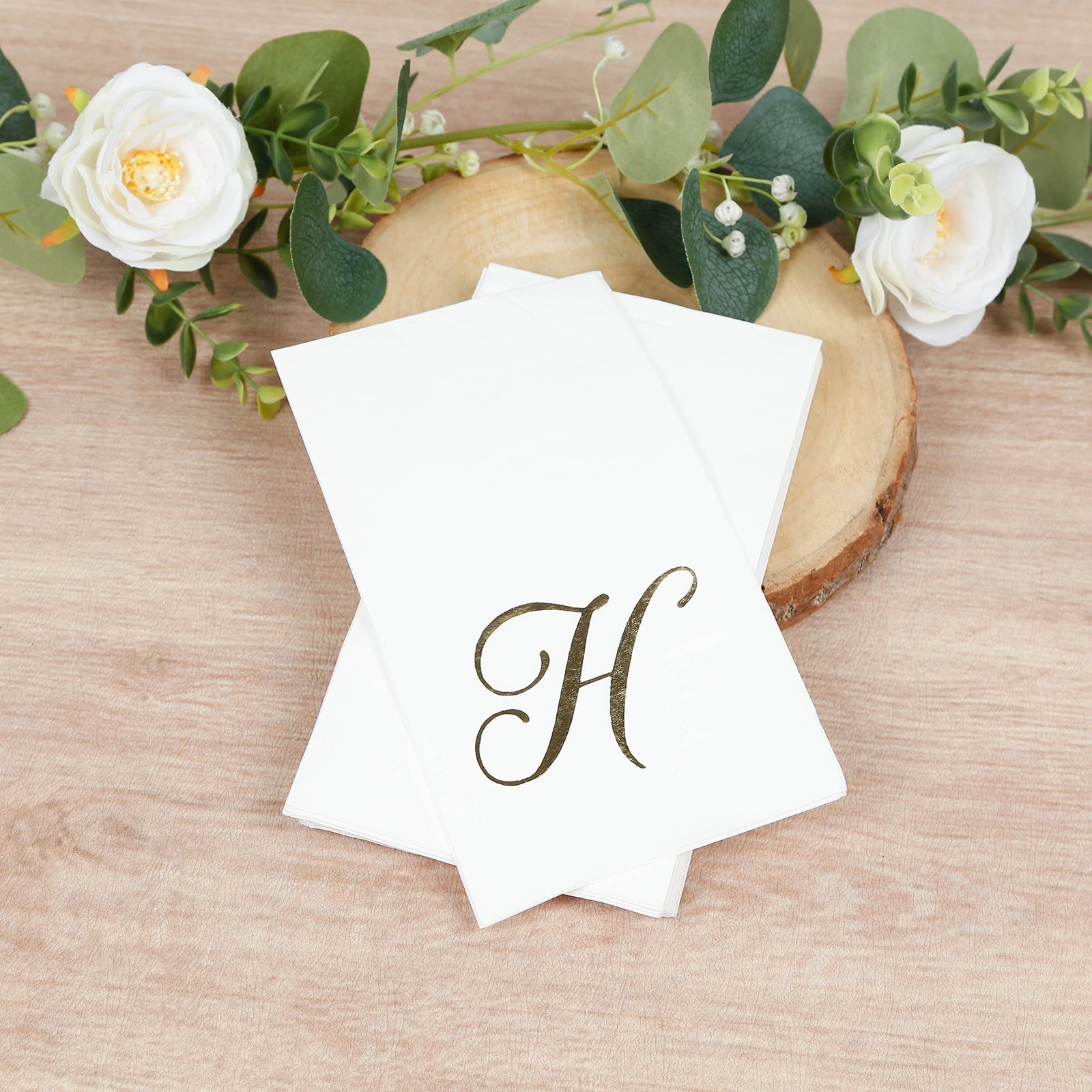 100 Paper Dinner Napkins White with Gold Foil Monogram "H" – 8"x4" Folded, Disposable Party Napkins
