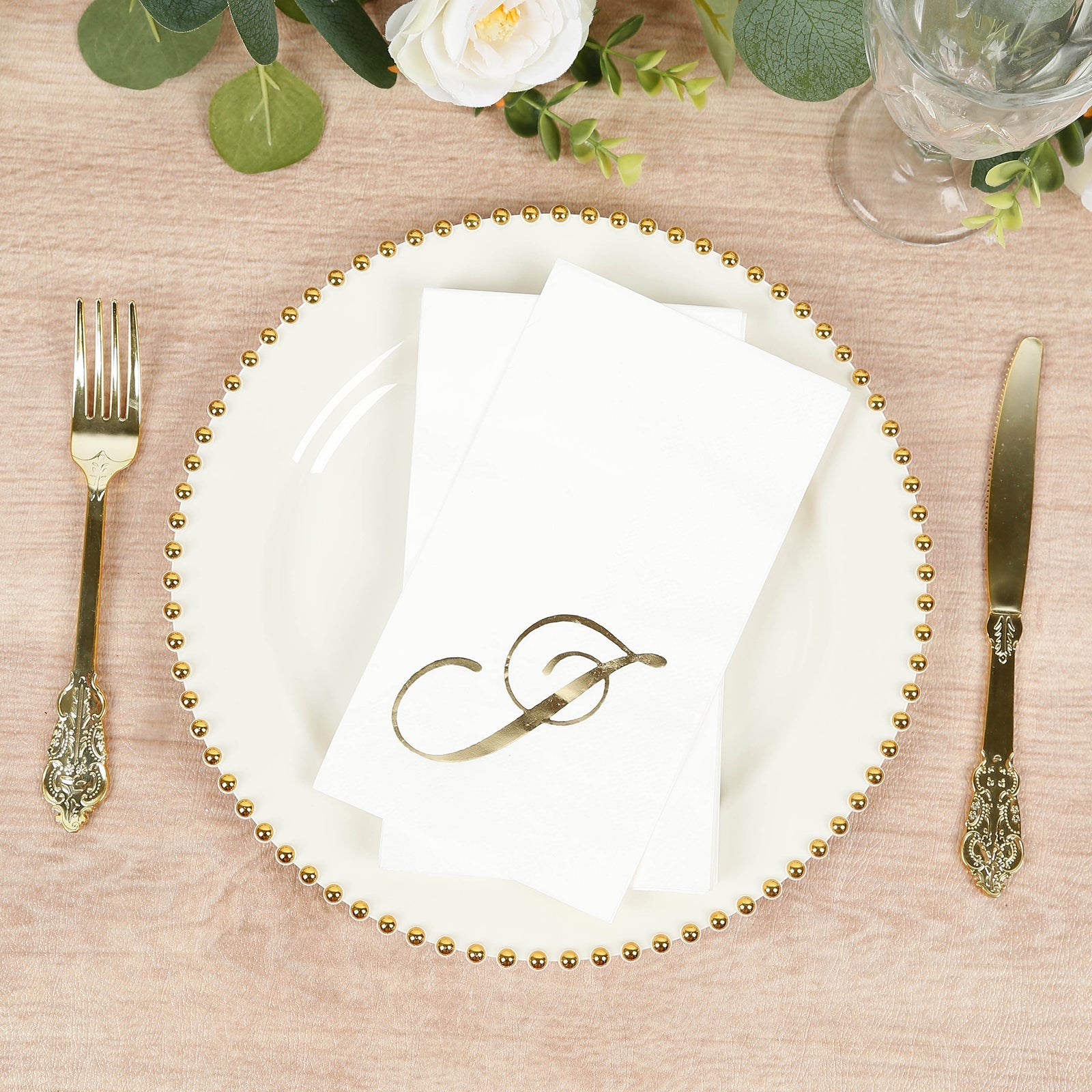 100 Paper Dinner Napkins White with Gold Foil Monogram "J" – 8"x4" Folded, Disposable Party Napkins