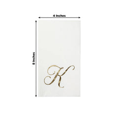 100 Paper Dinner Napkins White with Gold Foil Monogram "K" – 8"x4" Folded, Disposable Party Napkins