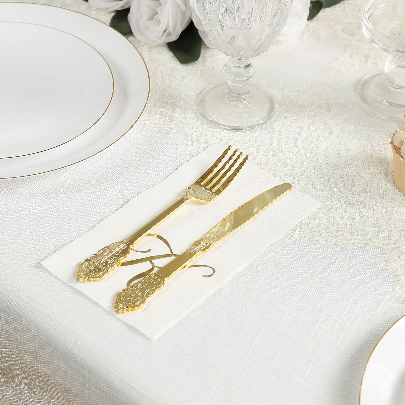 100 Paper Dinner Napkins White with Gold Foil Monogram "K" – 8"x4" Folded, Disposable Party Napkins
