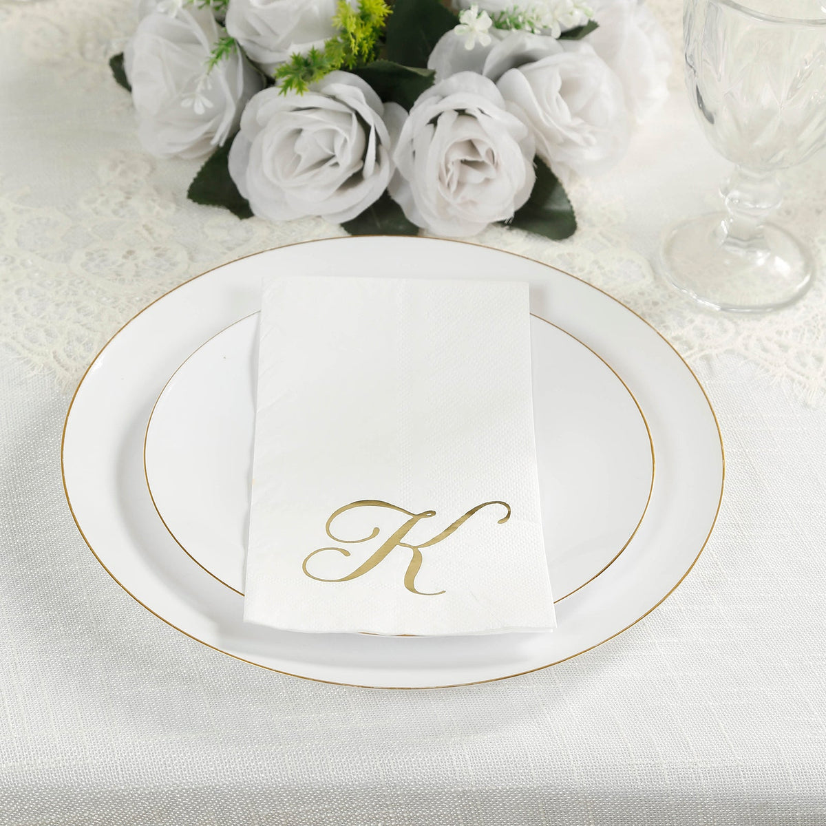 100 Paper Dinner Napkins White with Gold Foil Monogram "K" – 8"x4" Folded, Disposable Party Napkins