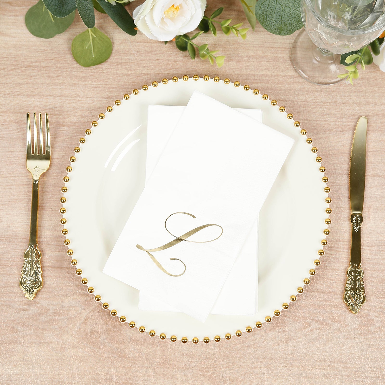 100 Paper Dinner Napkins White with Gold Foil Monogram "L" – 8"x4" Folded, Disposable Party Napkins