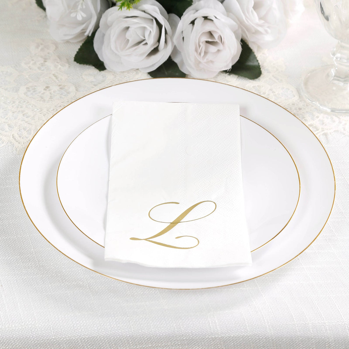 100 Paper Dinner Napkins White with Gold Foil Monogram "L" – 8"x4" Folded, Disposable Party Napkins