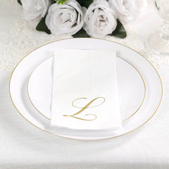 100 Paper Dinner Napkins White with Gold Foil Monogram "L" – 8"x4" Folded, Disposable Party Napkins