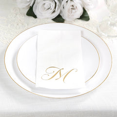 100 Paper Dinner Napkins White with Gold Foil Monogram "M" – 8"x4" Folded, Disposable Party Napkins