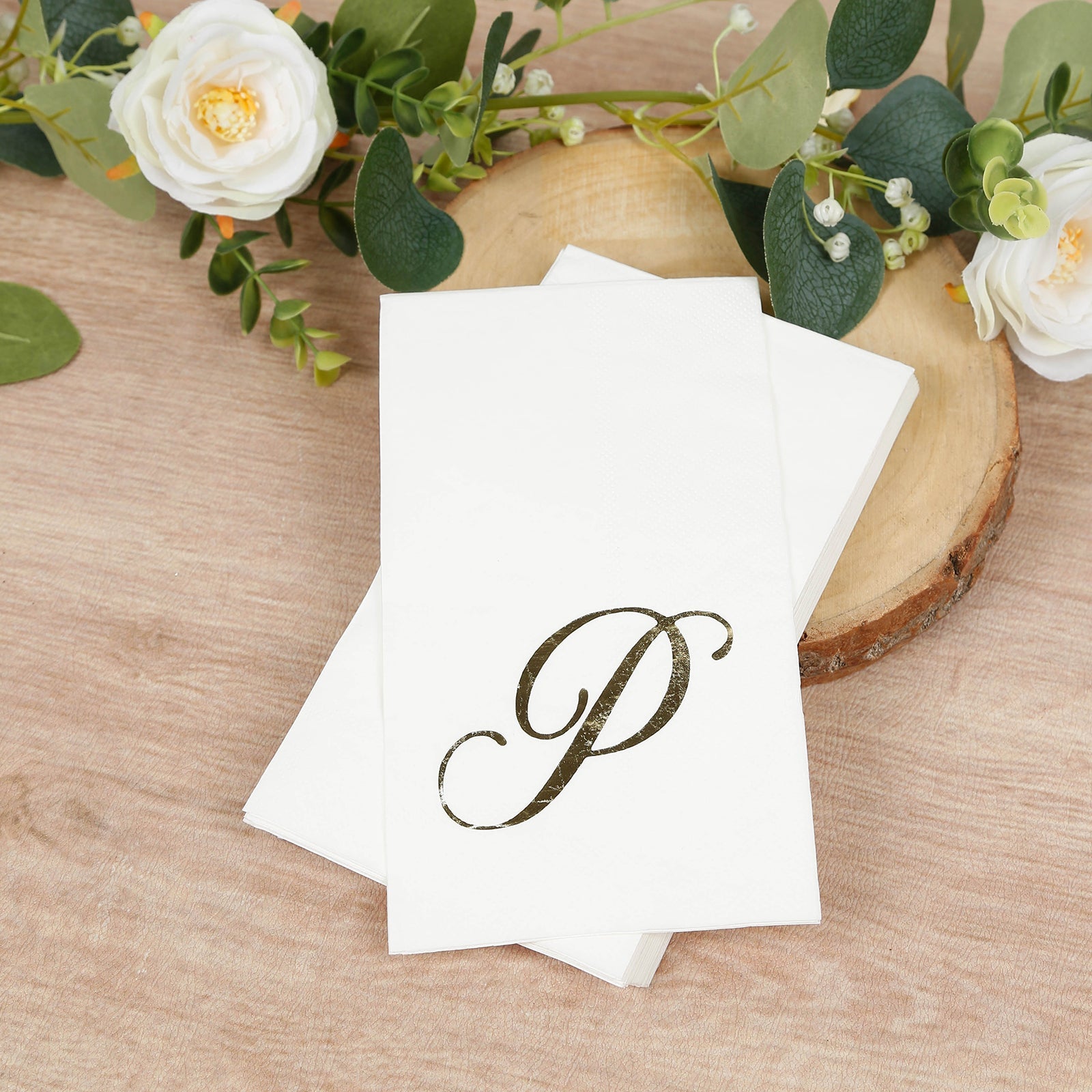 100 Paper Dinner Napkins White with Gold Foil Monogram "P" – 8"x4" Folded, Disposable Party Napkins