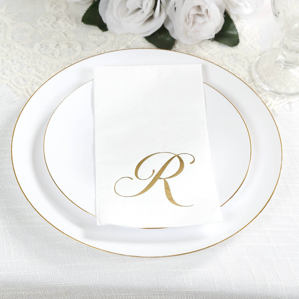 100 Paper Dinner Napkins White with Gold Foil Monogram "R" – 8"x4" Folded, Disposable Party Napkins