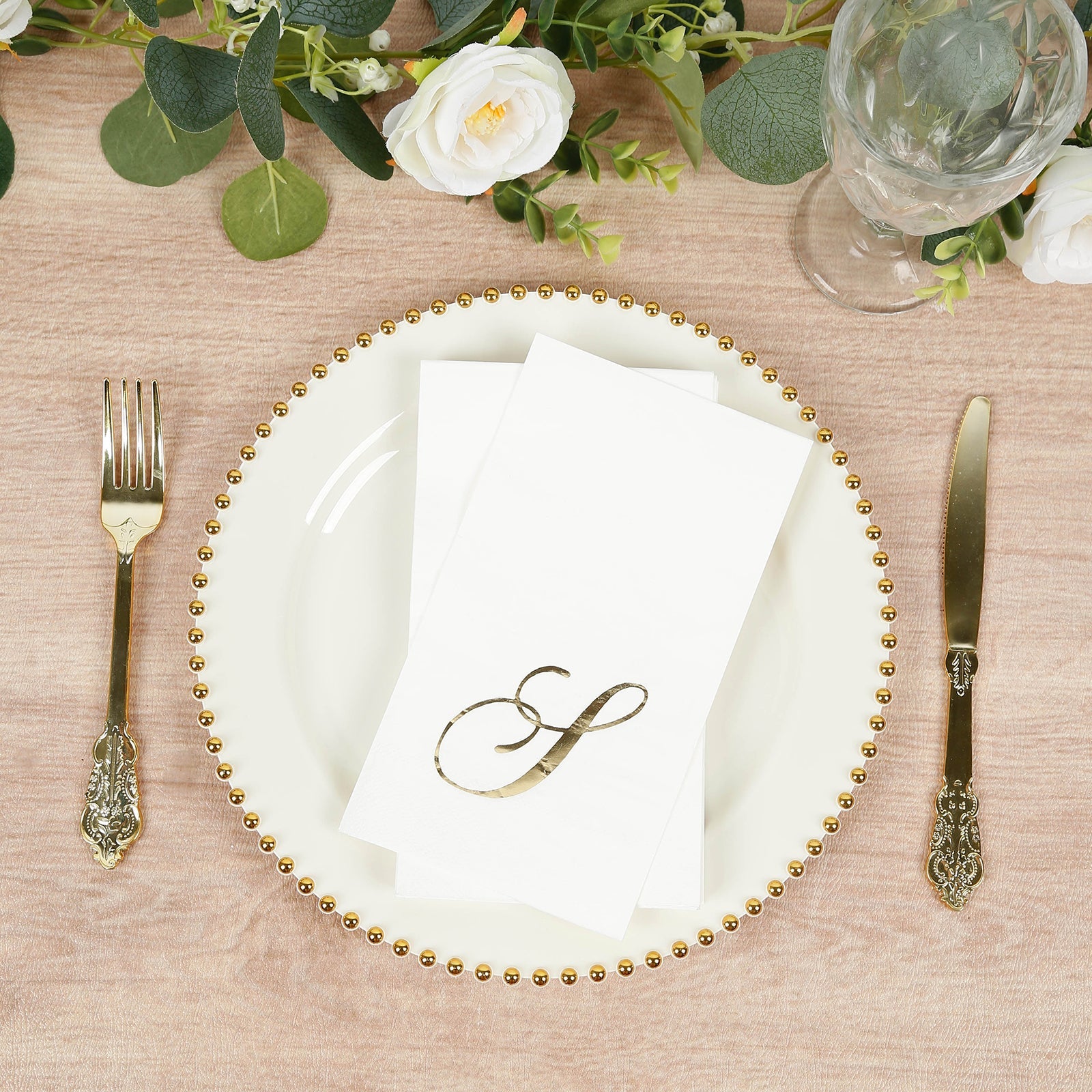 100 Paper Dinner Napkins White with Gold Foil Monogram "S" – 8"x4" Folded, Disposable Party Napkins