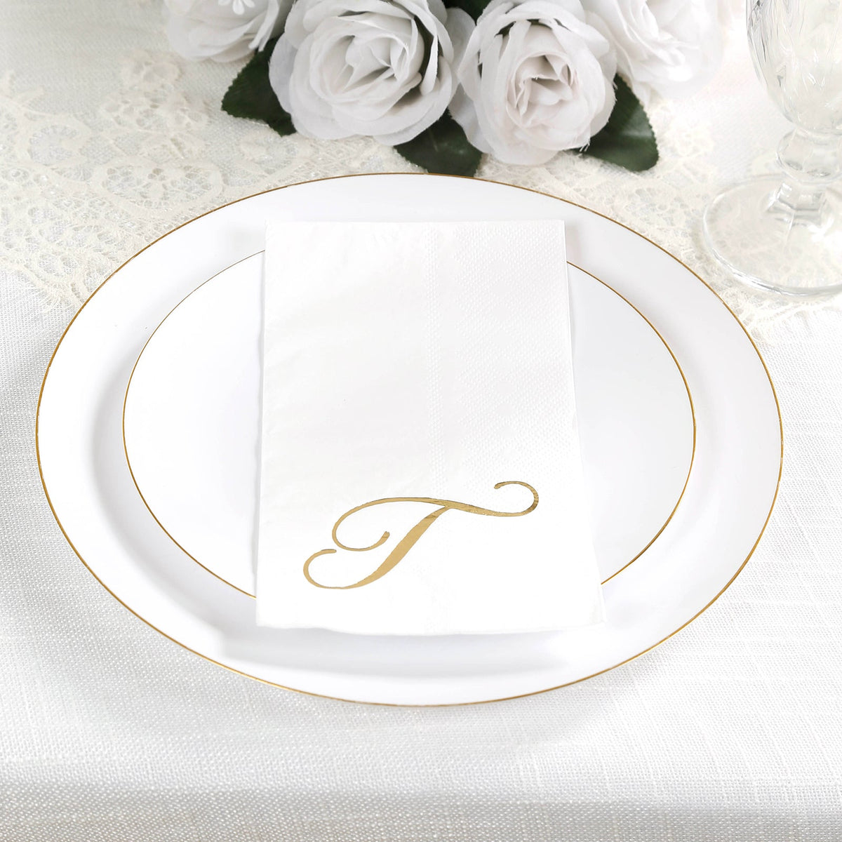 100 Paper Dinner Napkins White with Gold Foil Monogram "T" – 8"x4" Folded, Disposable Party Napkins