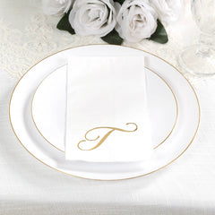 100 Paper Dinner Napkins White with Gold Foil Monogram "T" – 8"x4" Folded, Disposable Party Napkins