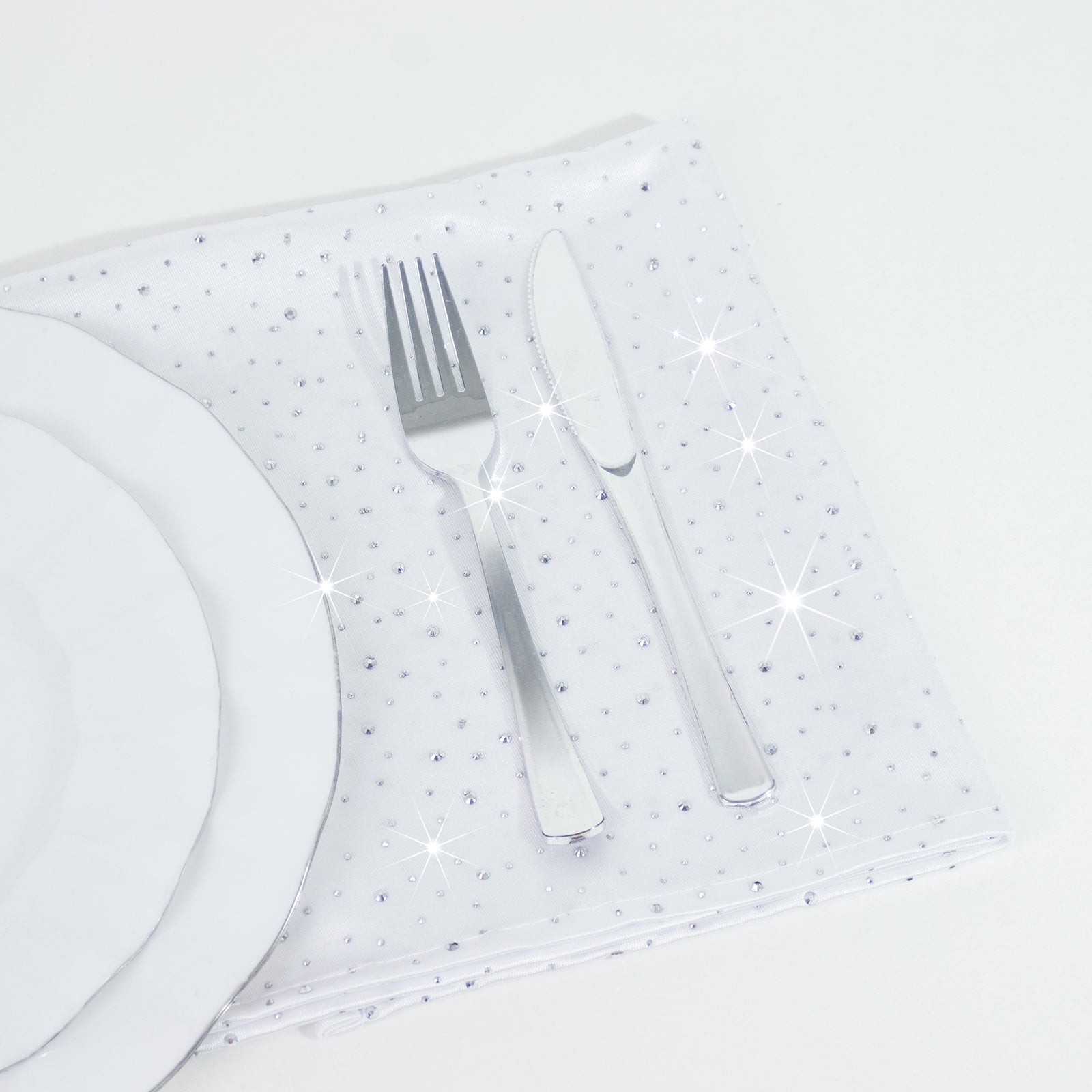 5-Pack White Scuba Polyester Napkins with Rhinestone Accents – 20"x20" Wrinkle-Free Reusable Cloth Napkins