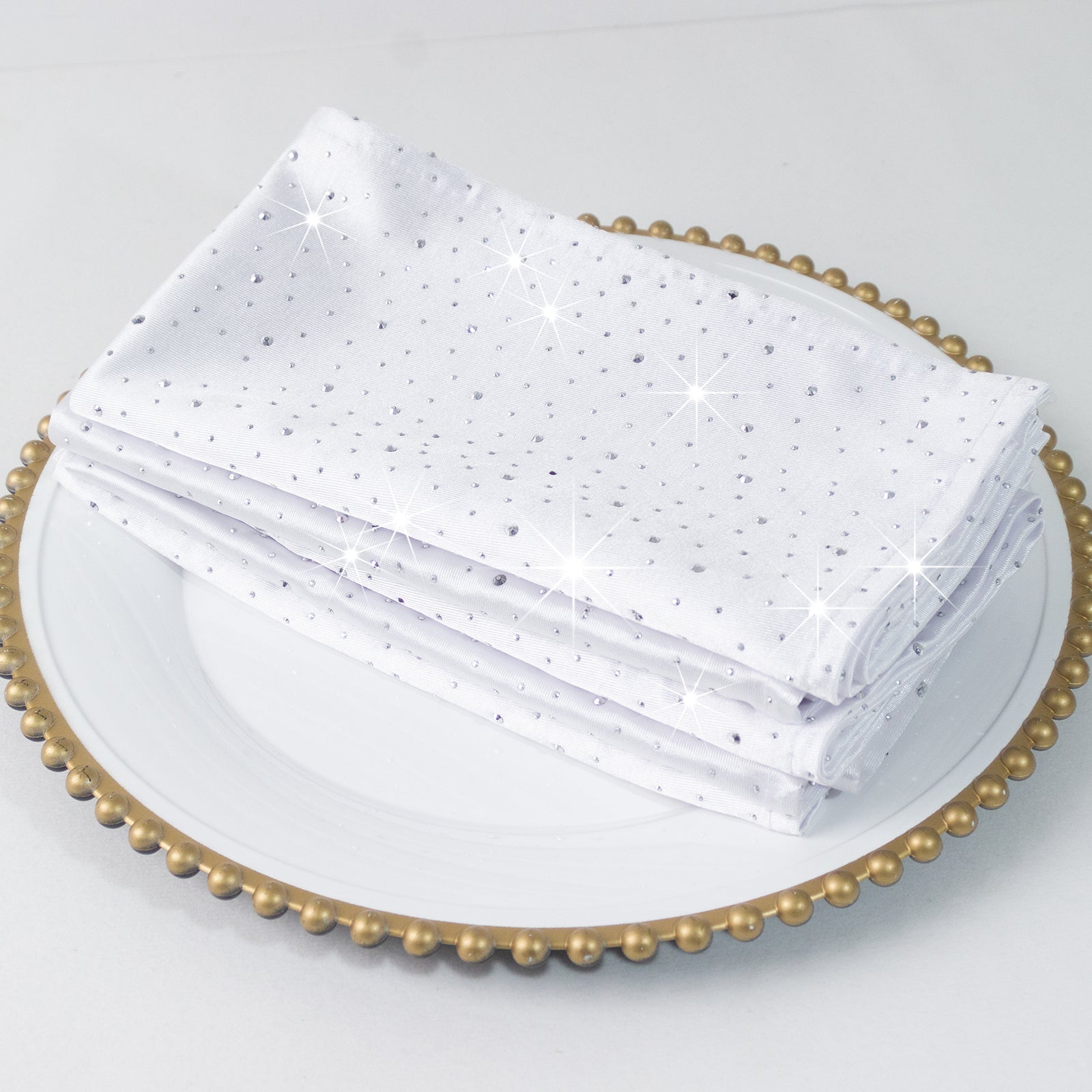 5-Pack White Scuba Polyester Napkins with Rhinestone Accents – 20"x20" Wrinkle-Free Reusable Cloth Napkins