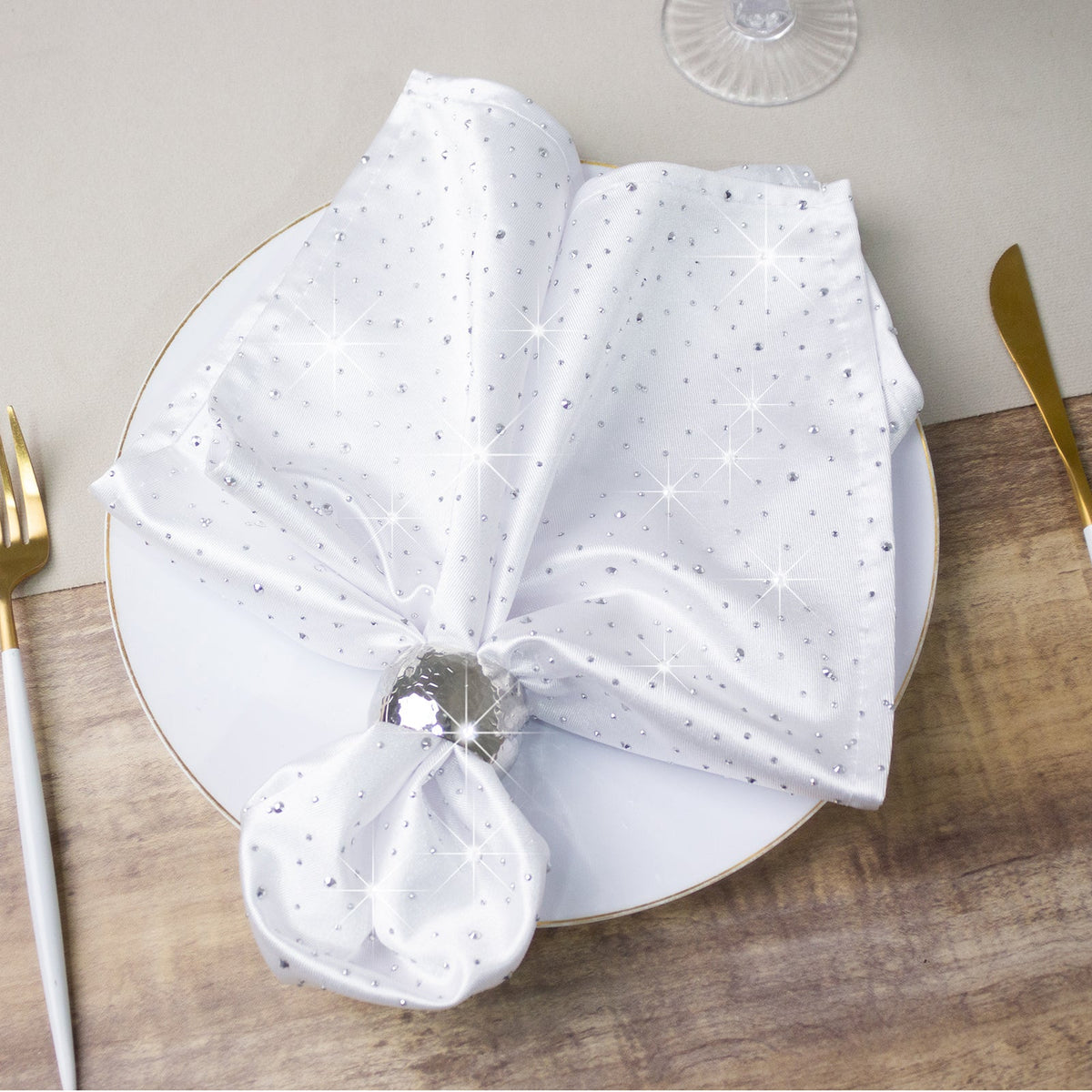 5-Pack White Scuba Polyester Napkins with Rhinestone Accents – 20"x20" Wrinkle-Free Reusable Cloth Napkins