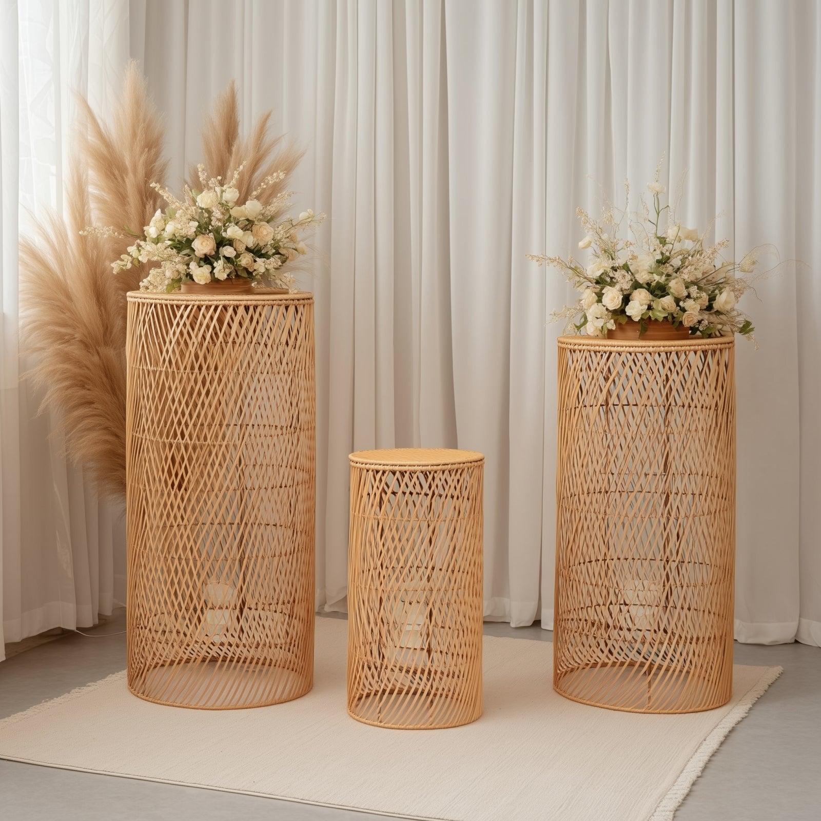 Set of 3 Natural Woven Rattan Wicker Pedestal with Wave Pattern - 19",27",33"