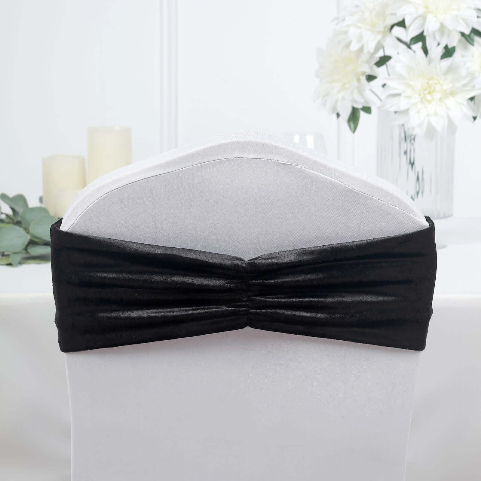 5 Pack Velvet Chair Sashes with Ruffled Center Black - Soft Stretchable Chair Bands for Sophisticated Event Decor
