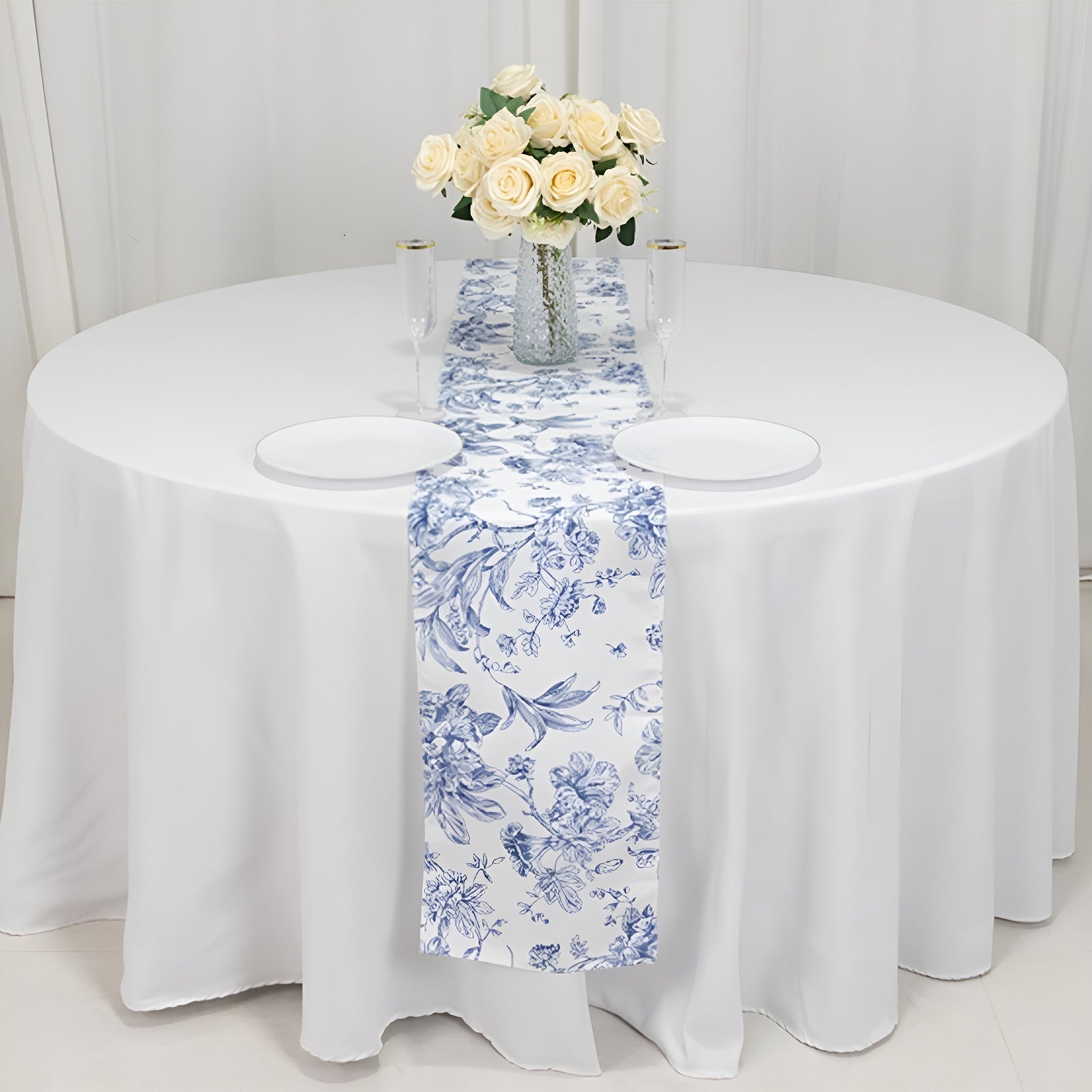 Polyester Table Runner 12"x108" White with Blue French Toile Floral Print - Stylish Reusable Table Décor