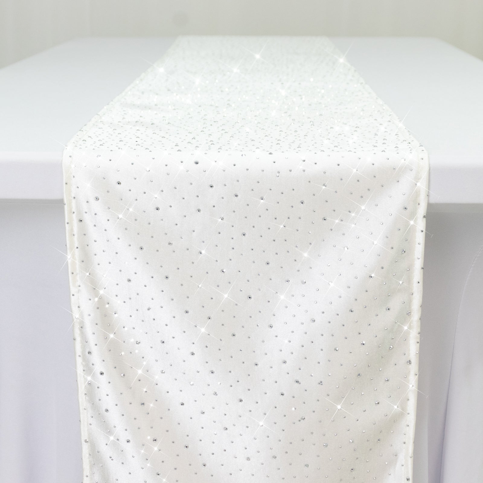 Pearl White Scuba Table Runner with Rhinestone Accents - 12"x108" Wrinkle-Free Table Linen