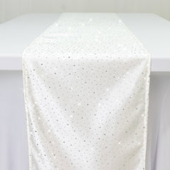 Pearl White Scuba Table Runner with Rhinestone Accents - 12"x108" Wrinkle-Free Table Linen