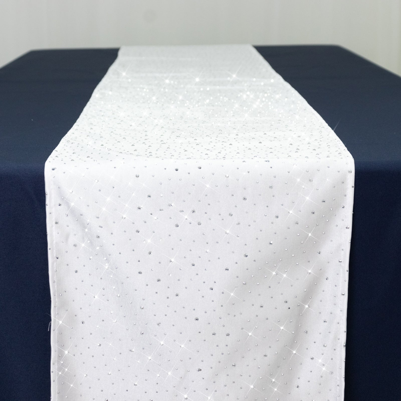 White Scuba Table Runner with Rhinestone Accents - 12"x108" Wrinkle-Free Table Linen