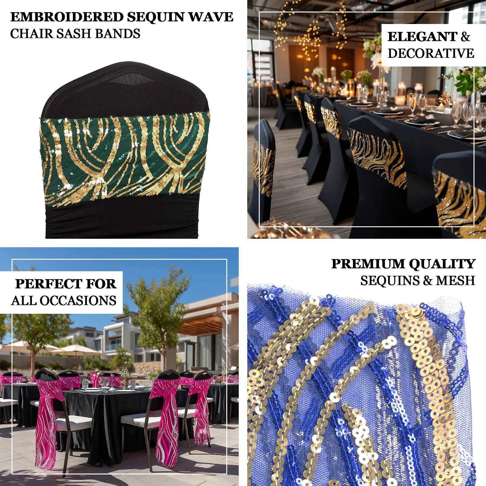 5 Pack Chair Sash Bands with Wave Embroidered Sequins Champagne