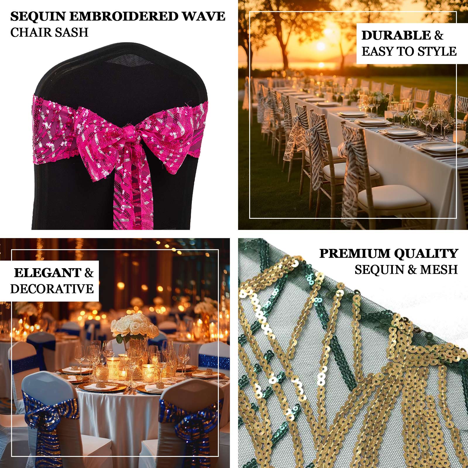 5 Pack Chair Sashes with Wave Embroidered Sequins Black/Gold 6"x88" - Stylish Glittering Decor for Weddings