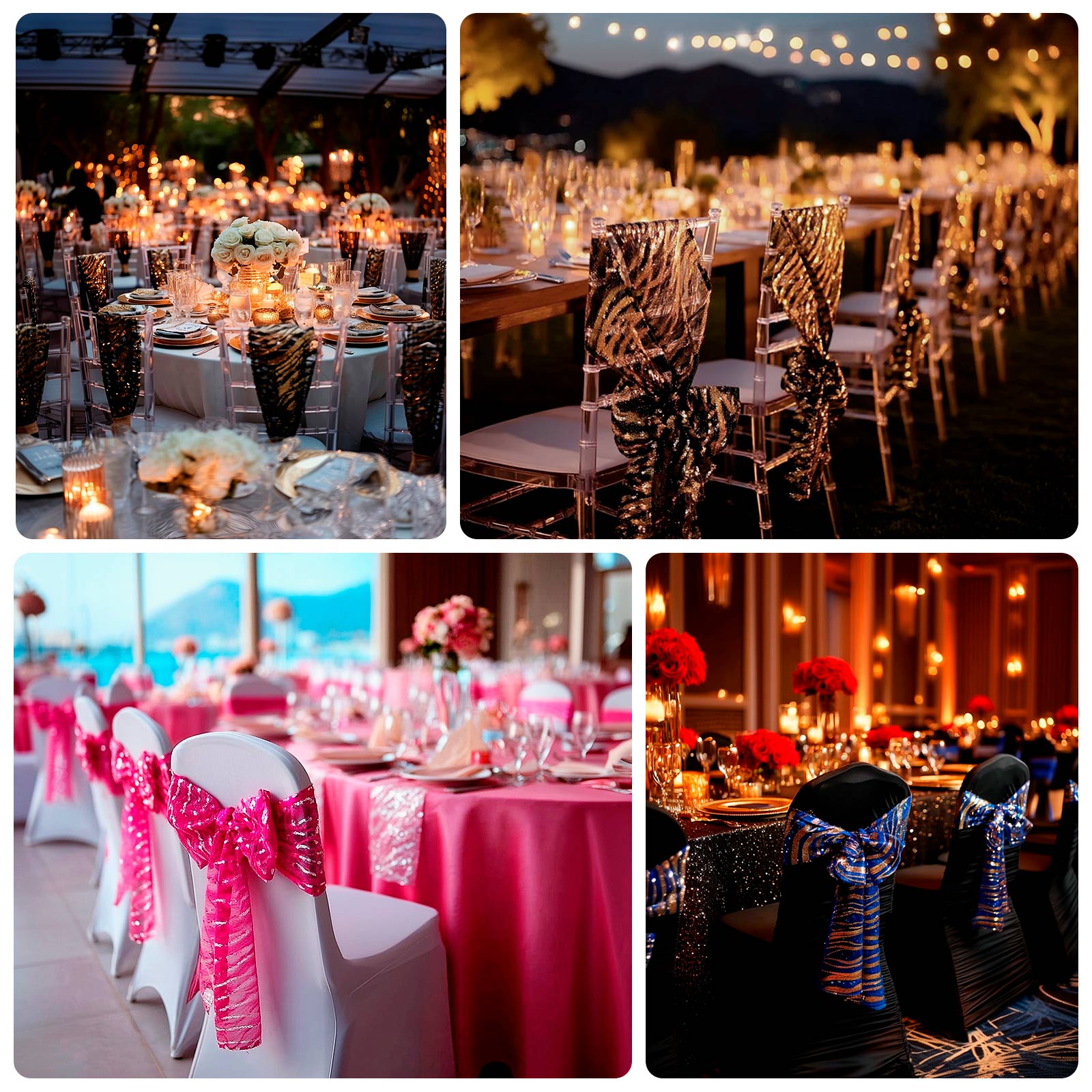 5 Pack Chair Sashes with Wave Embroidered Sequins Royal Blue/Gold 6"x88"