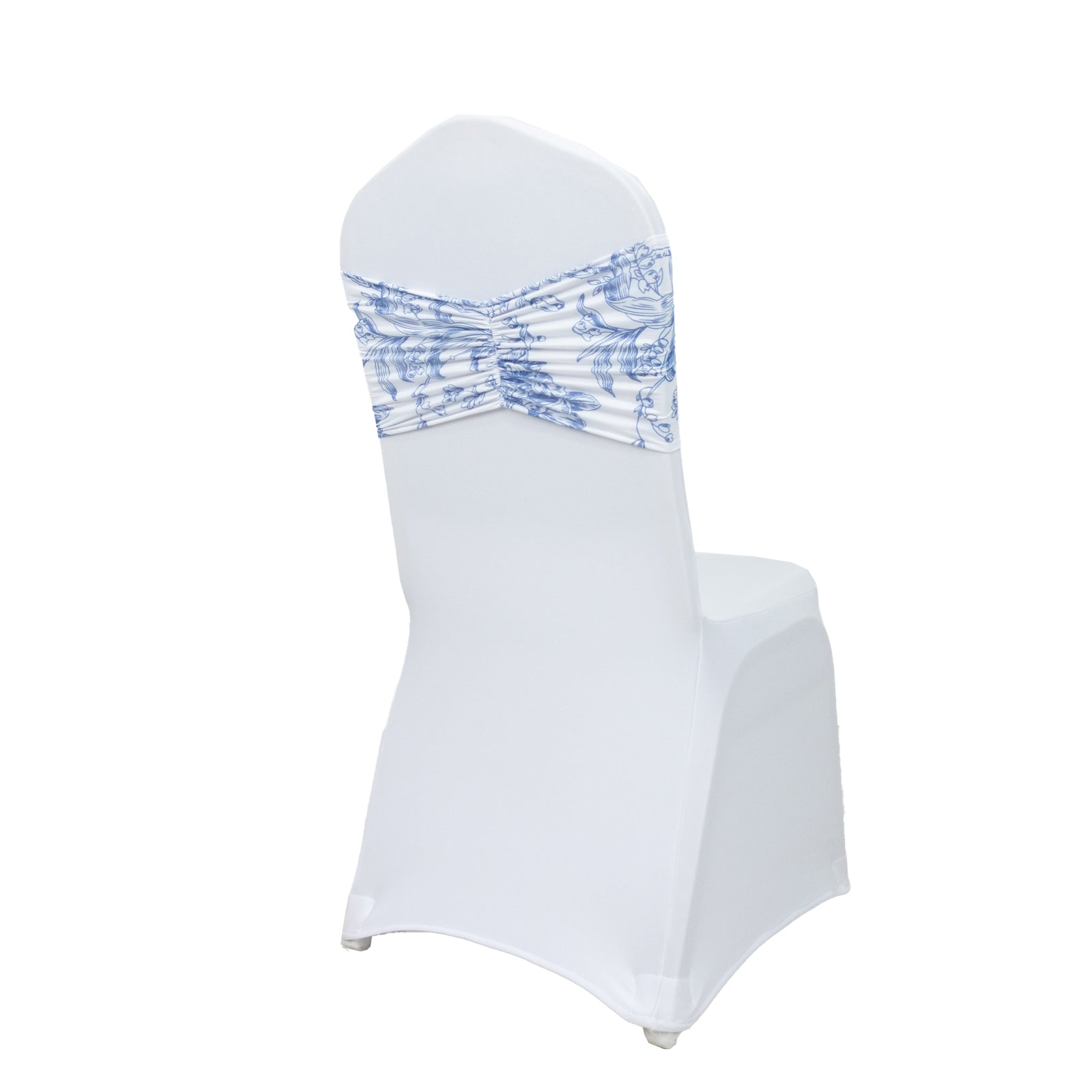 5 Pack Wide Spandex Chair Sashes in White Blue French Toile – Stylish Ruffled Chair Bands - 8"x13"