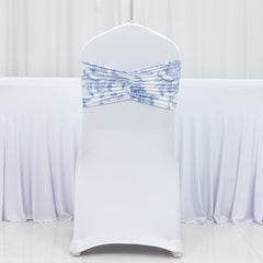 5 Pack Wide Spandex Chair Sashes in White Blue French Toile – Stylish Ruffled Chair Bands - 8"x13"
