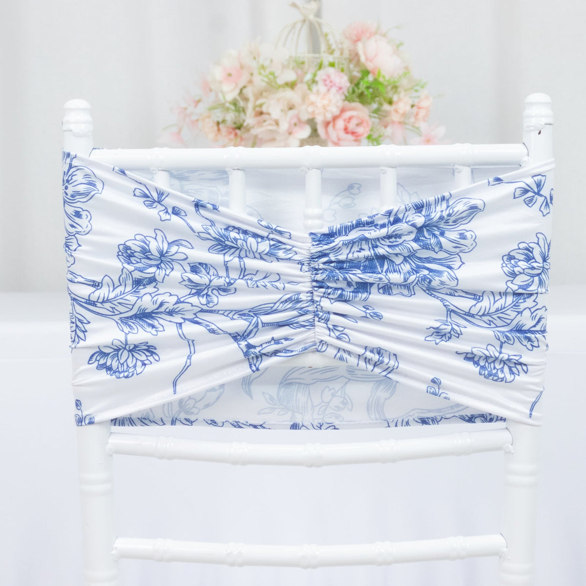 5 Pack Wide Spandex Chair Sashes in White Blue French Toile – Stylish Ruffled Chair Bands - 8"x13"