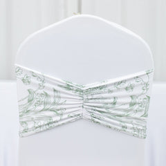 5 Pack Wide Spandex Chair Sashes in White Dusty Sage Green French Toile – Stylish Ruffled Chair Bands - 8"x13"