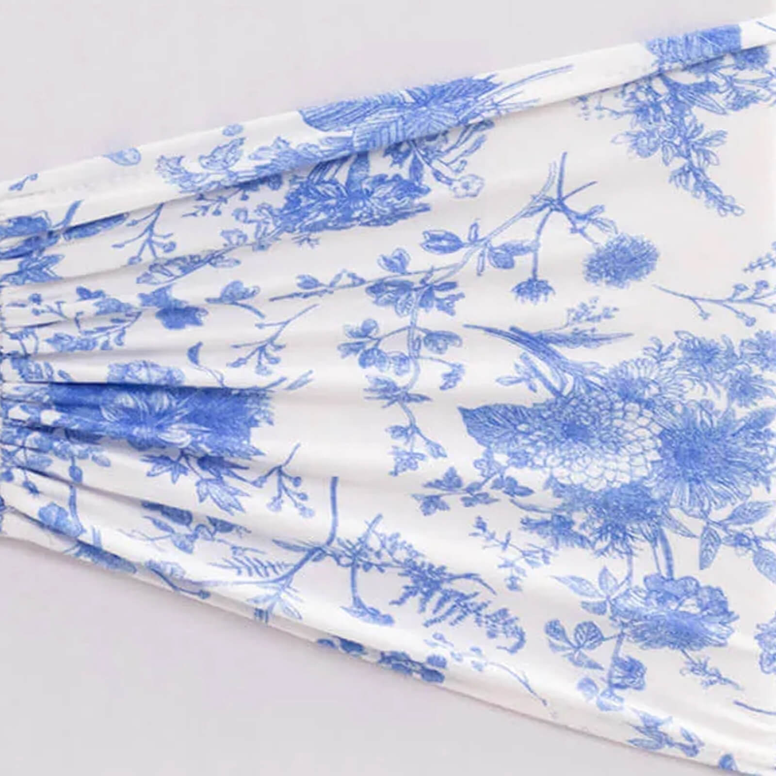 5 Pack Spandex Chair Sashes White/Blue French Toile Floral Pattern - Vintage-Inspired Wide Wrinkle-Free Stretchable Chair Bands 8"x13"