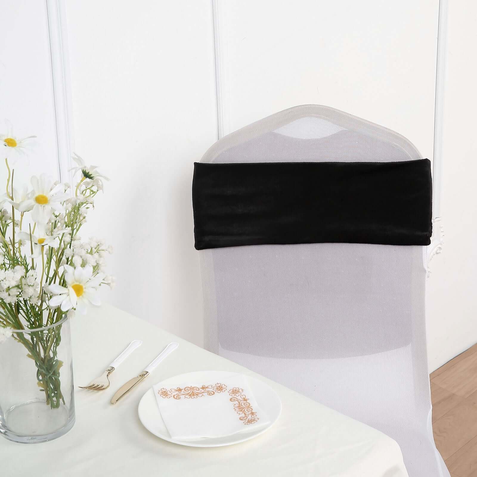 5 Pack Velvet Chair Sashes with Ruffled Center Black - Soft Stretchable Chair Bands for Sophisticated Event Decor