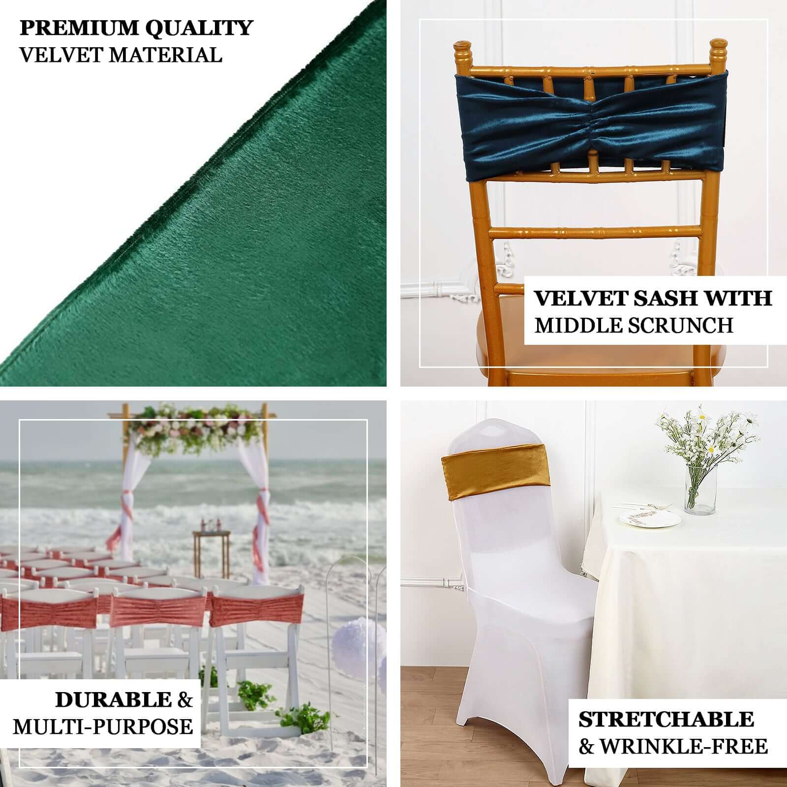 5 Pack Velvet Chair Sashes with Ruffled Center Black - Soft Stretchable Chair Bands for Sophisticated Event Decor