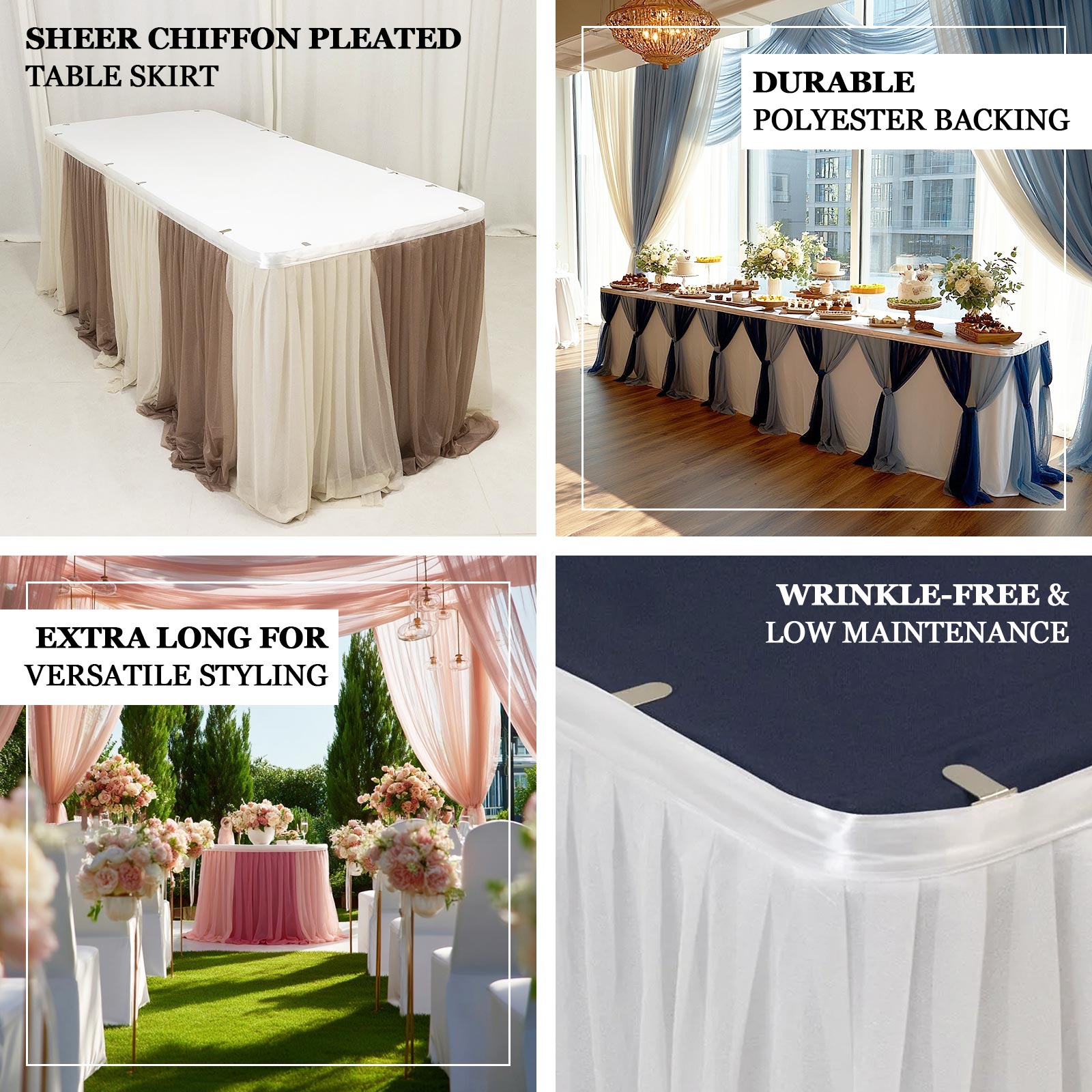 14ft Sheer Pleated Ruffle Skirting Chiffon Table Skirt - White, Shimmer Sheer, Wrinkle-Free Fabric