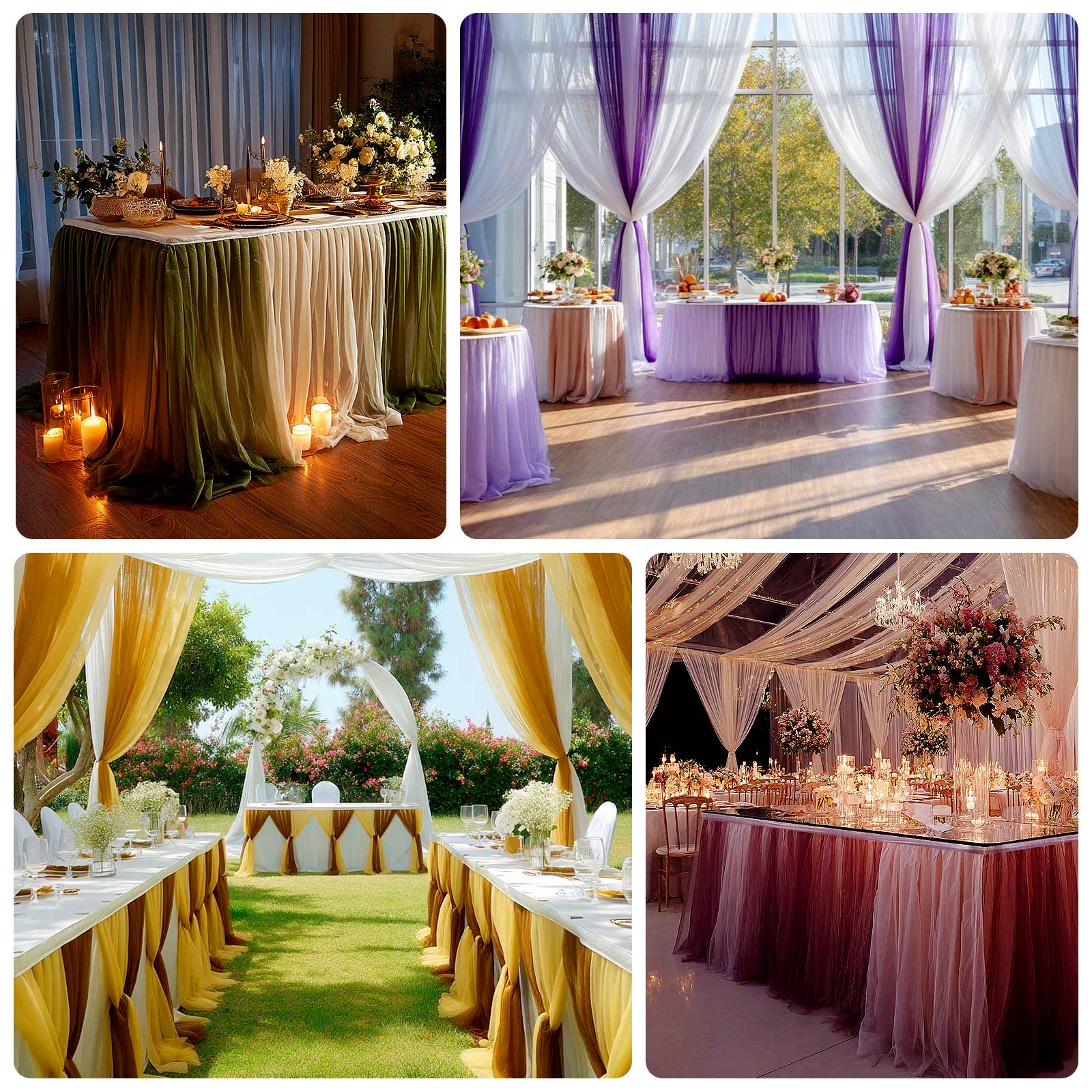 14ft Sheer Pleated Ruffle Skirting Chiffon Table Skirt - Dusty Blue and Ivory, Shimmer Sheer, Wrinkle-Free Fabric