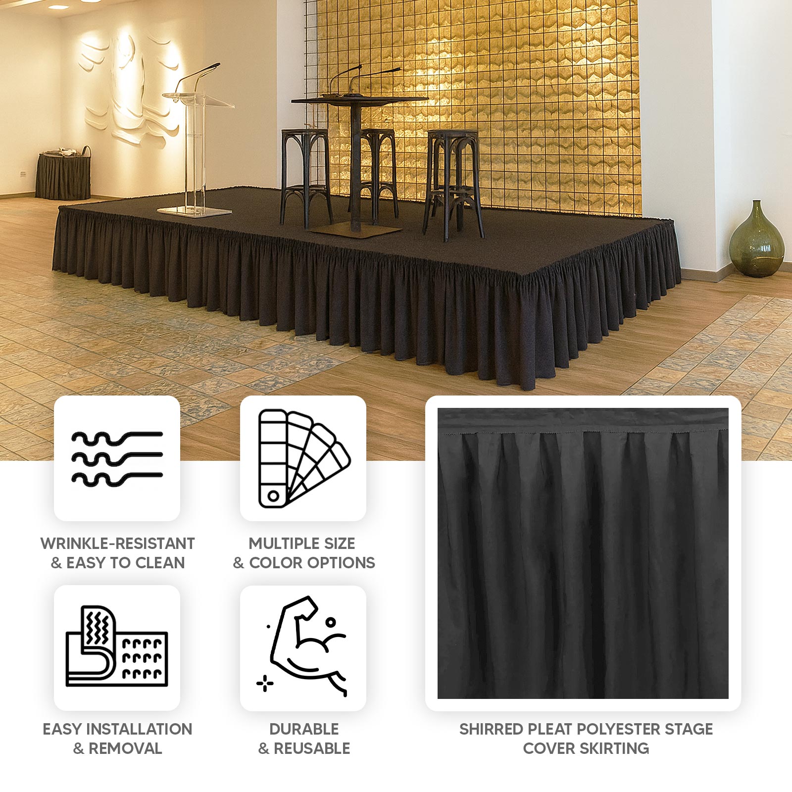 Portable Stage Skirt Black Polyester Platform Skirting Cloth for Events, Performances & Wedding Staging - 48"x20ft