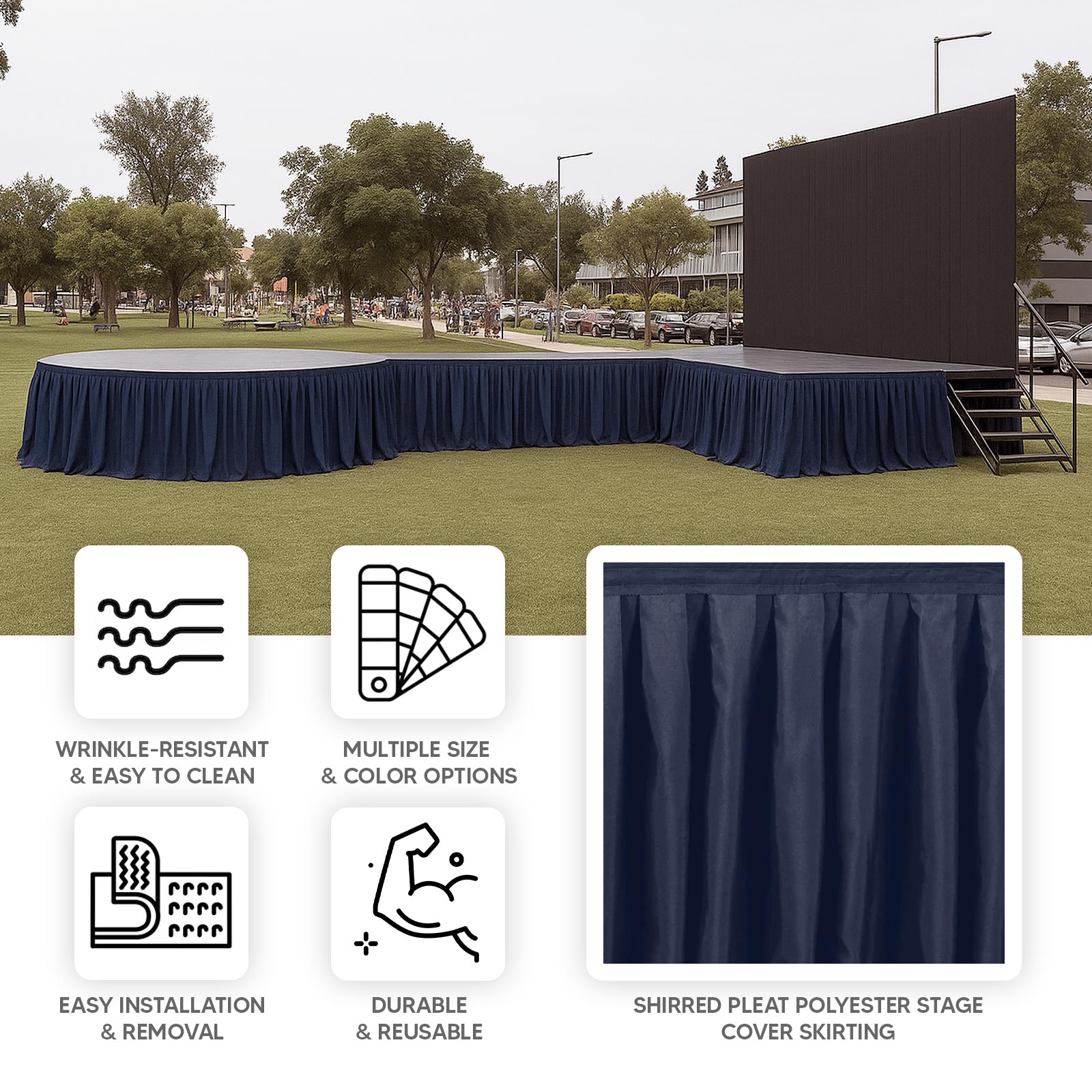 Portable Stage Skirt Navy Blue Polyester Platform Skirting Cloth for Events, Performances & Wedding Staging - 48"x20ft