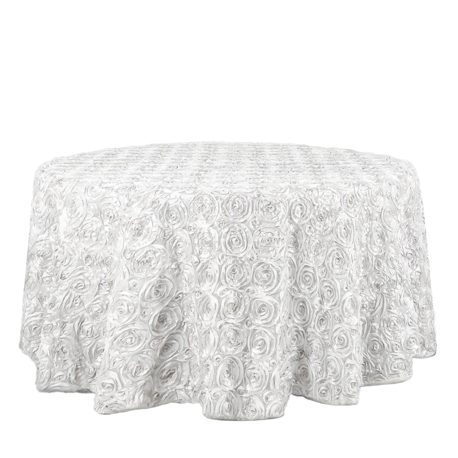 Satin 120" Round Tablecloth White - Grandiose 3D Rosette Design with Seamless Finish for Luxe Events