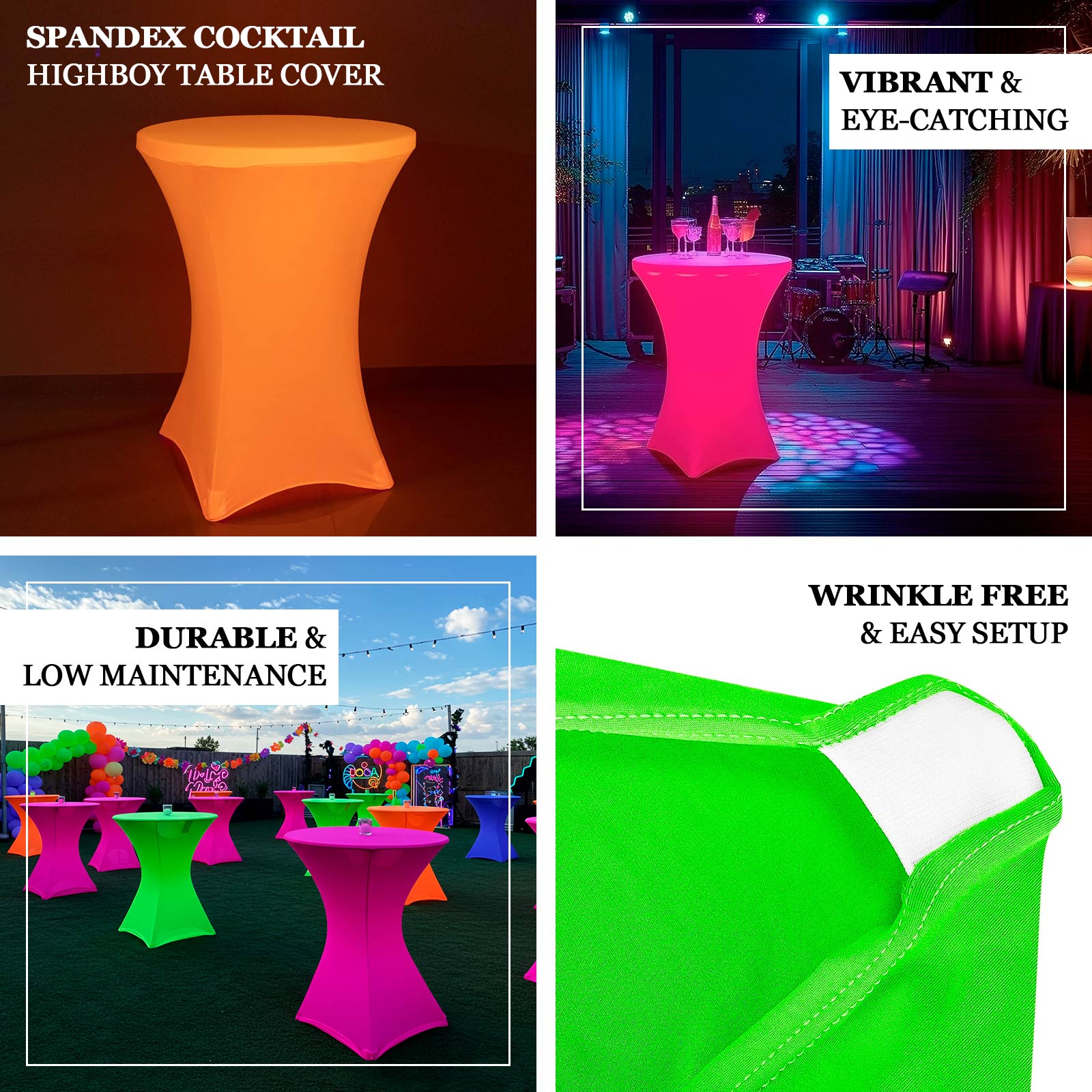 Glow Neon Green Fitted Spandex Cocktail Tablecloth – 30" Round, Wrinkle-Free Cover